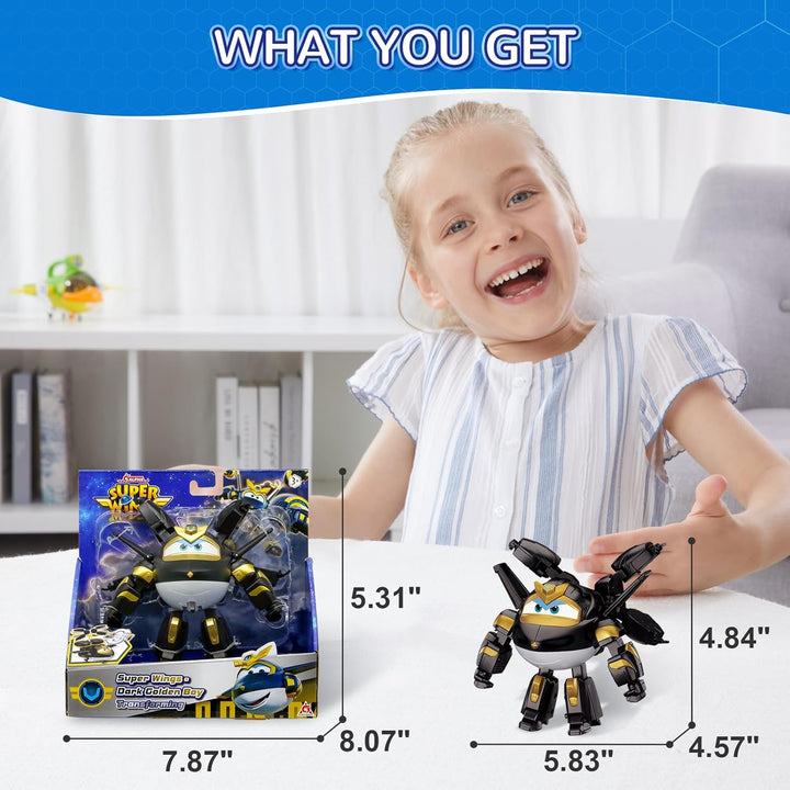 Super Wings Verwandelbares Spielzeug, 5'' Dark Golden Boy Flugzeugfigur, 2-in-1-Verwandlung für Jung