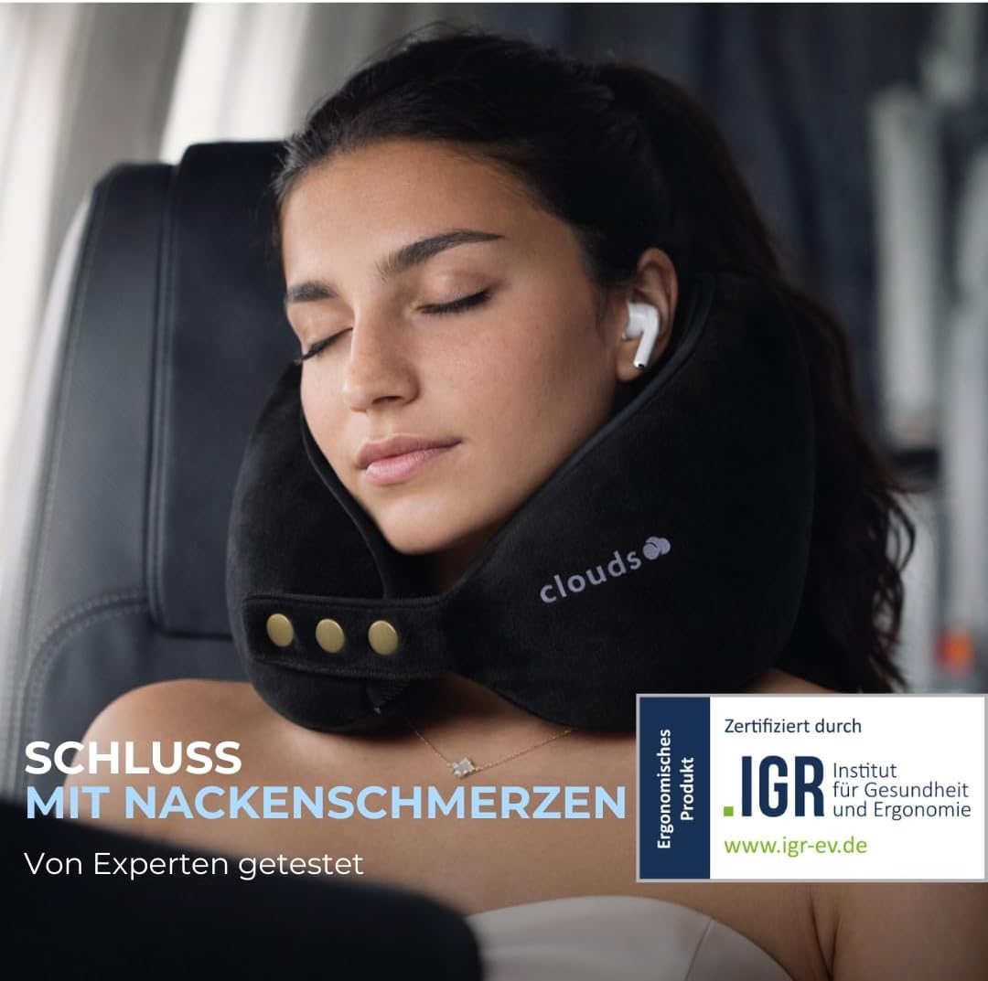 CLOUDS Nackenkissen Flugzeug & Auto – Einstellbares Memory Foam Reisekissen in 2 Grössen für Erwachs