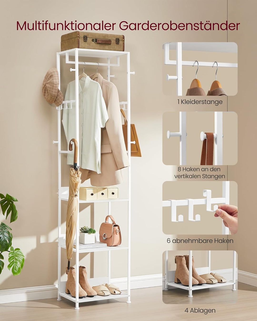 VASAGLE Kleiderständer, Garderobenständer mit Kleiderstange und Haken, Garderobe mit Ablagen, Stahlr