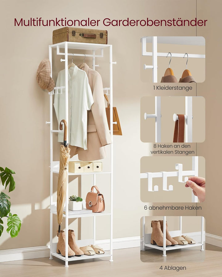 VASAGLE Kleiderständer, Garderobenständer mit Kleiderstange und Haken, Garderobe mit Ablagen, Stahlr