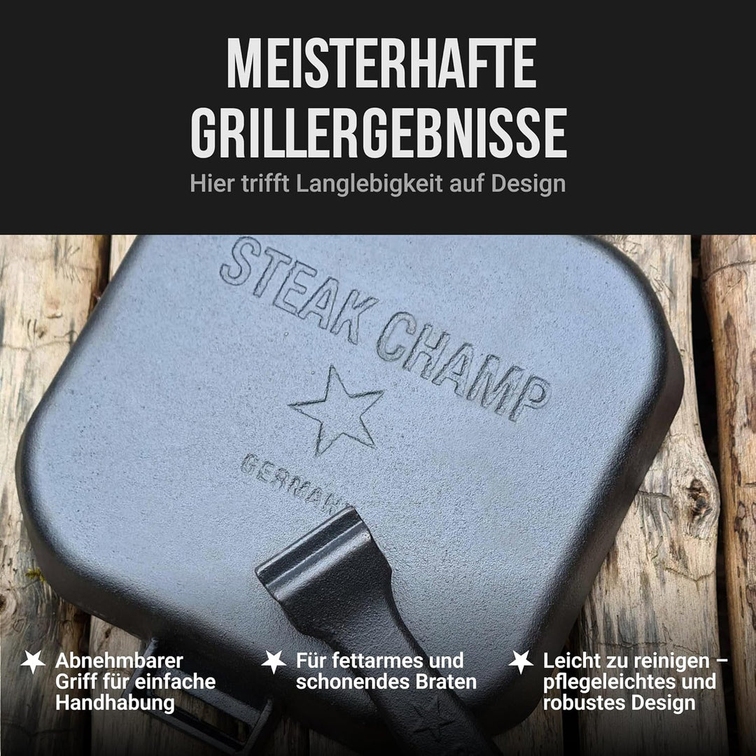 STEAK CHAMP Gusseisen Grillpfanne - Grillpfanne aus Gusseisen 26cm (quadratisch) mit abnehmbaren Gri