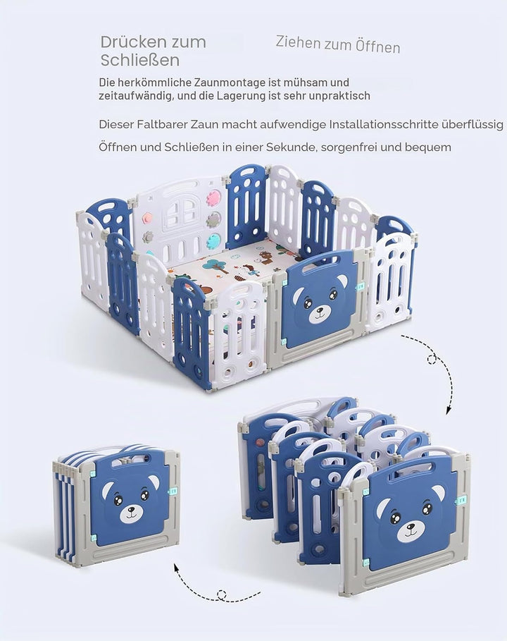 Laufstall Baby, Laufstall Faltbar für Drinnen Draussen, Grosser Laufgitter Baby mit Matratze, Kinder