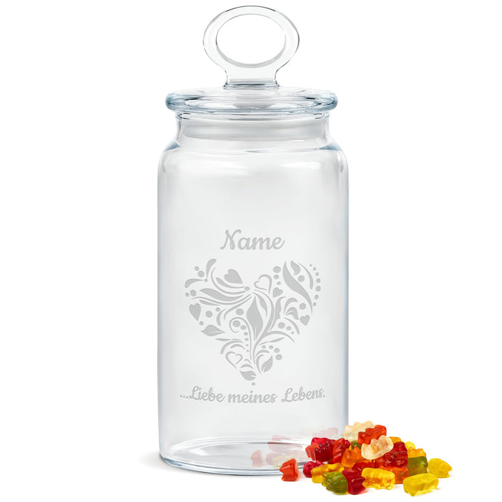Print Royal PR Personalisierte Keksdose aus Glas mit Gravur - 1100 ml - Liebe meines Lebens mit Name