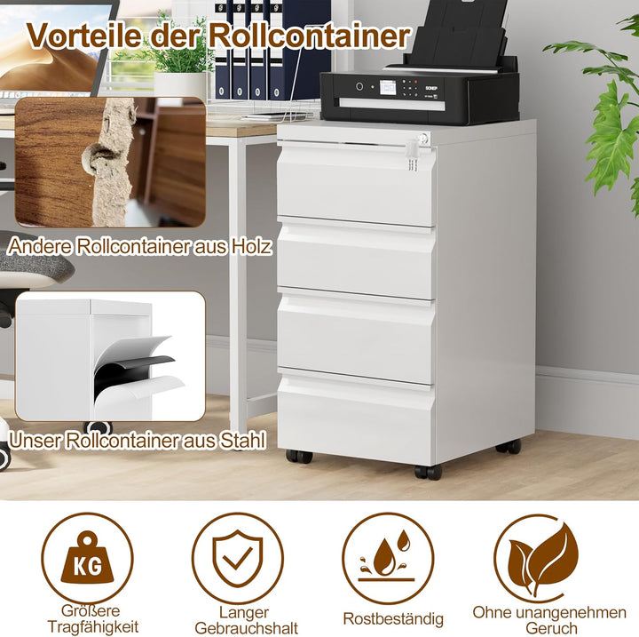 HOMSTEEL Rollcontainer, Mobiler Aktenschrank mit Schloss, 4 Schlüssel, 4 Schubladen, Büroschrank aus