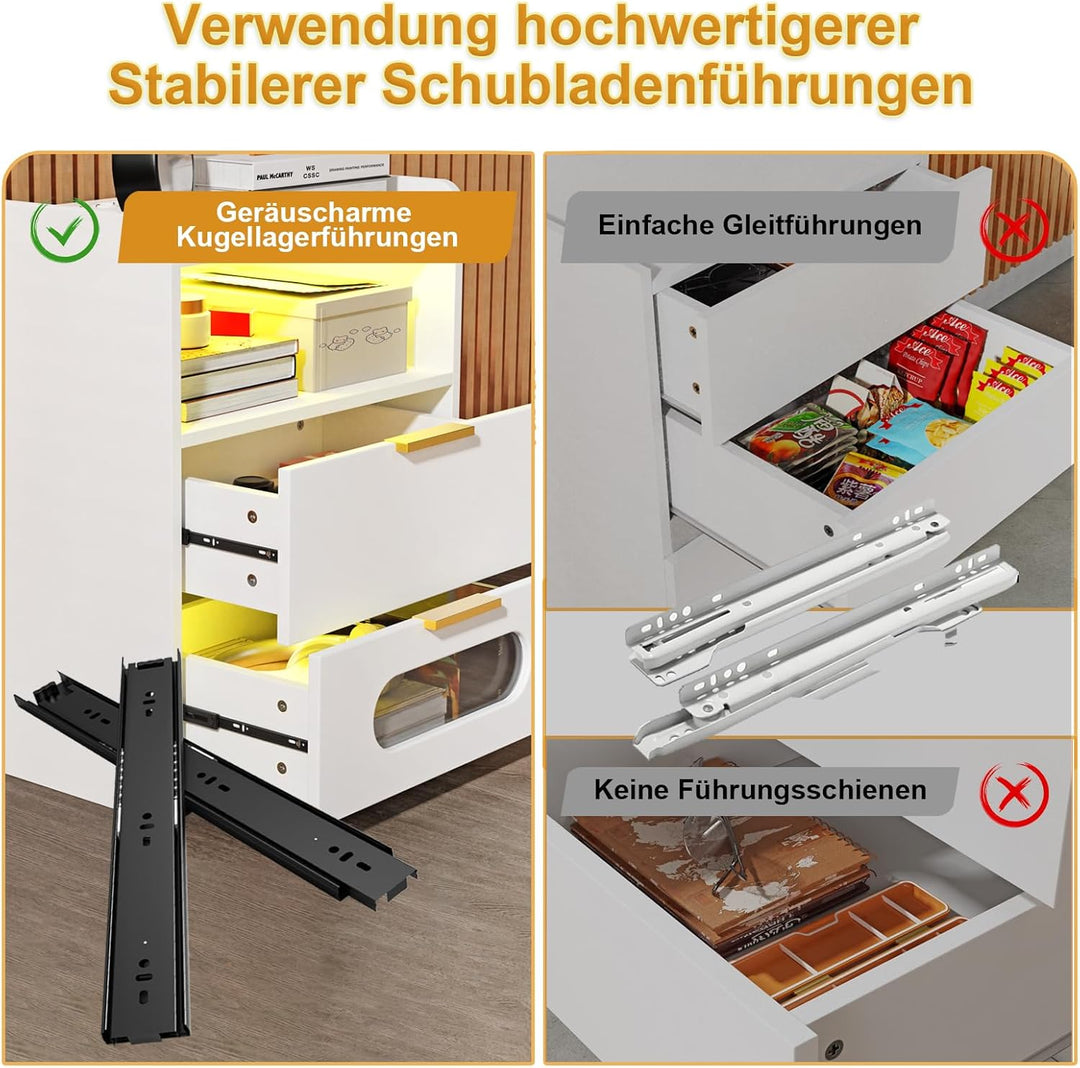 PIPIPOXER Nachttisch Weiss mit Steckdose & USB, Nachttisch LED mit 2 Led Licht mit 2 Schubladen, Off