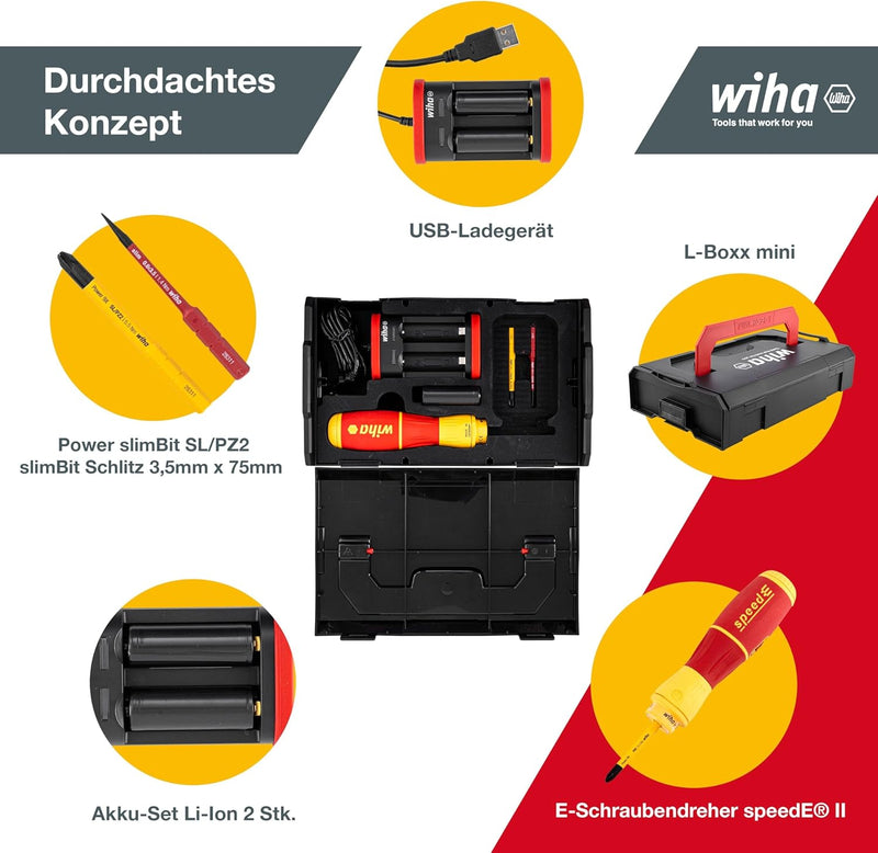 Wiha elektrischer Schraubendreher speedE® II electric (44318) 7-tlg (slimBits, Batterien, USB-Ladeka