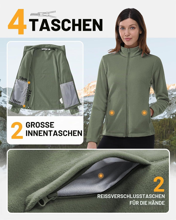 Outdoor Ventures Damen Fleecejacke mit Durchgehendem Reissverschluss Stehkragen Frauen Leichte Fleec