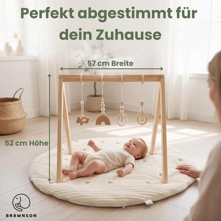 Baby Spielbogen aus Holz mit Spielmatte – 2 Bezüge inklusive – Montessori Baby Gym – Extra dicke 4 c