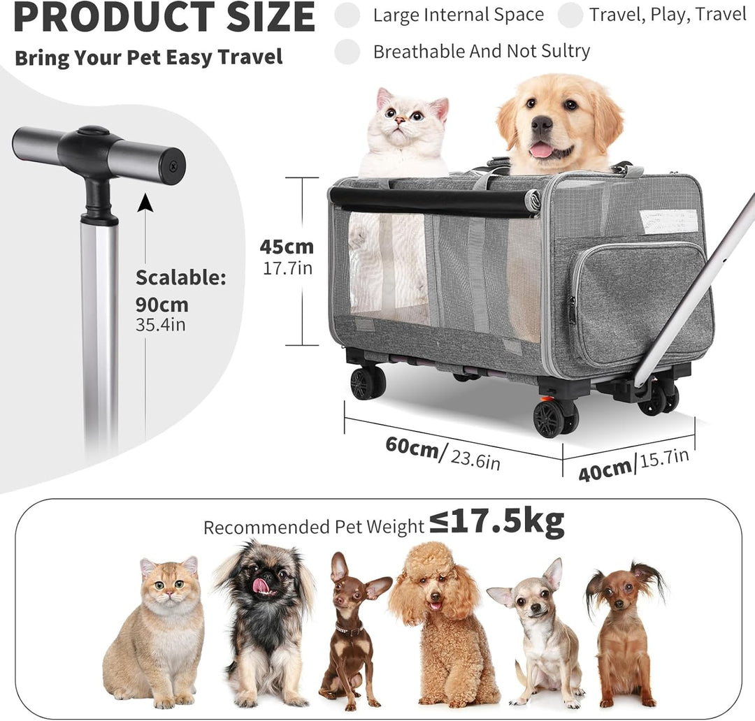 PETCUTE Transporttasche für Katze/Hund mit Zwei Fächern und Abnehmbaren Trolley,Atmungsaktiv Faltbar