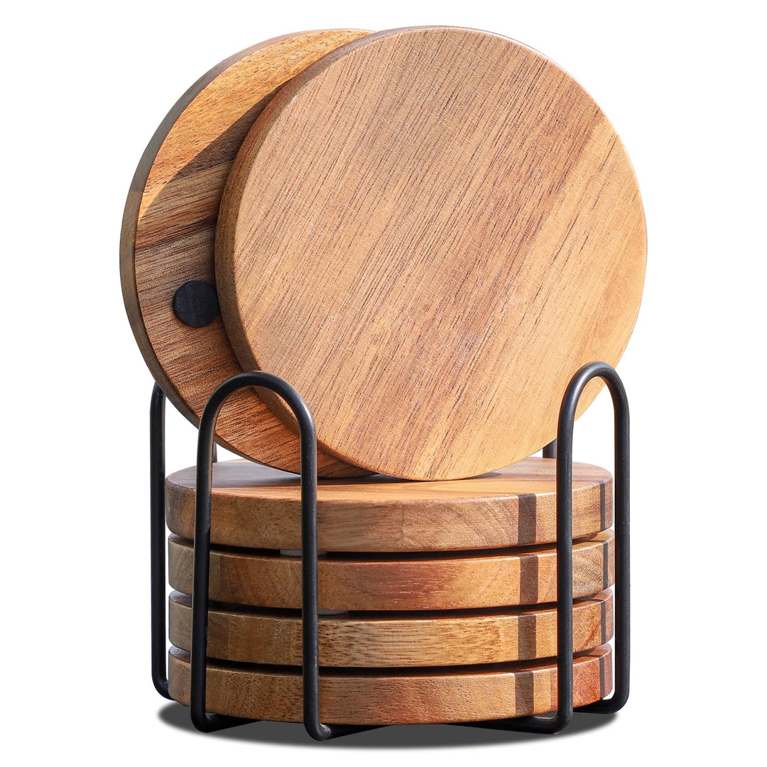 Untersetzer Gläser Holz 6er Set, Glasuntersetzer aus Akazienholz mit Halter, Holz untersetzer Rund,