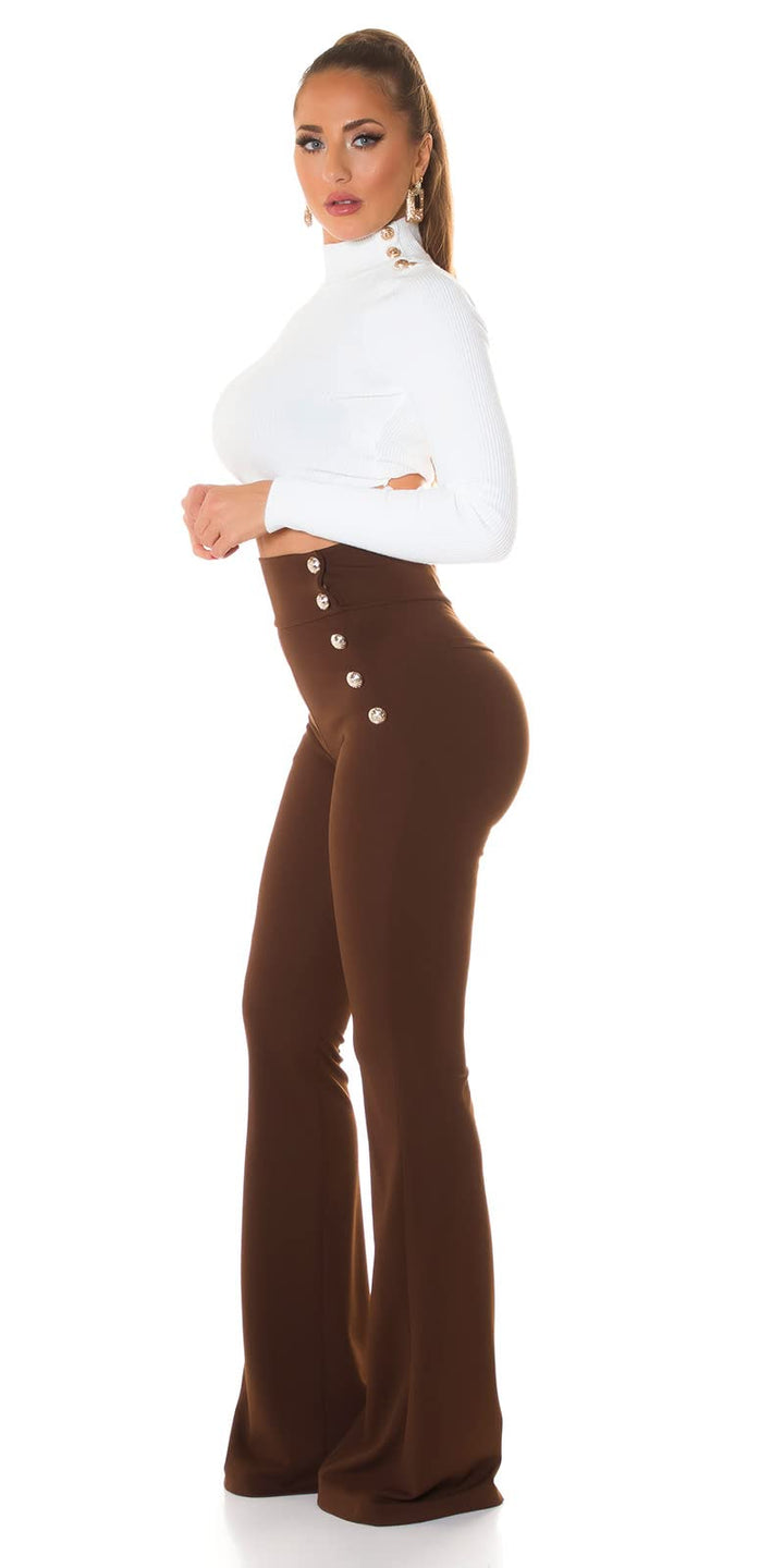 Stoff Business High Waist Schlag Hose mit Deko Knöpfe M Dunkelbraun, M Dunkelbraun