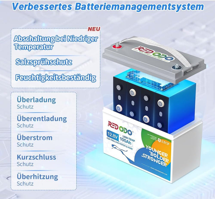 Redodo 12V 100Ah LiFePO4 Batterie mit 100A BMS Low Temperature Schutz und 3000-15000 Zyklen,1280Wh w