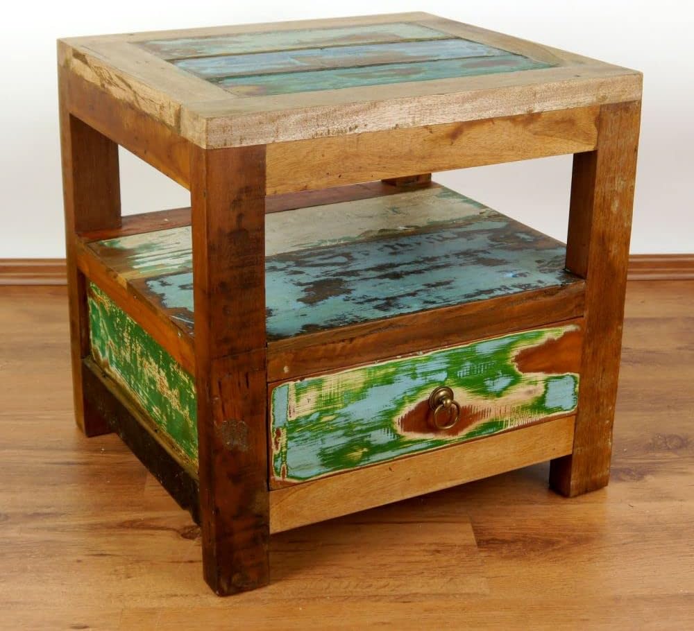 livasia Teakholz Nachtschrank aus Java | Recyceltes buntes Bootsholz | Asiatische Möbel | Designer M
