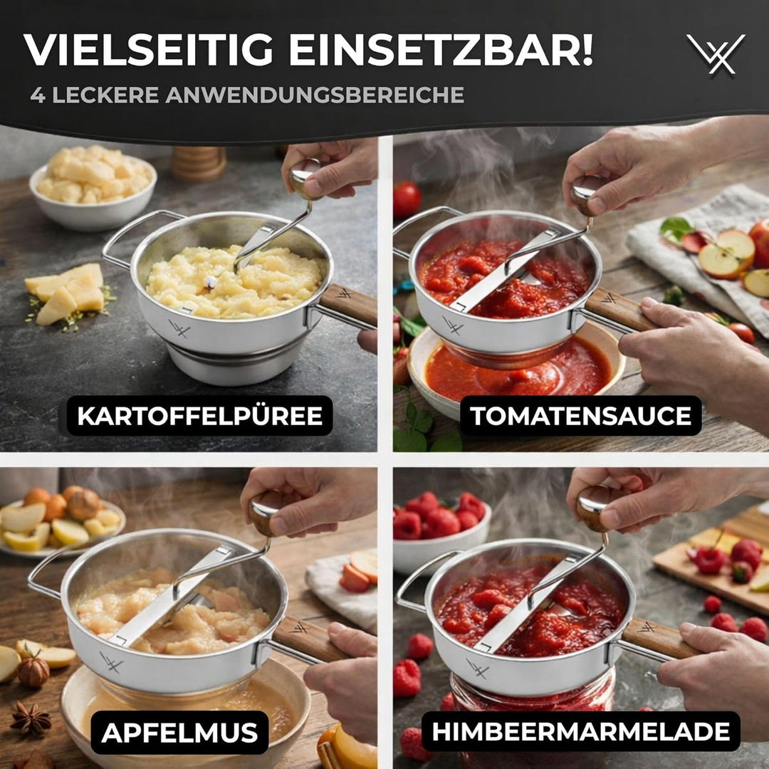 VALUXE® Premium Passiermühle Edelstahl mit 3 Passiersieb-Einlagen – mit 2,3 L Füllvolumen und rutsch