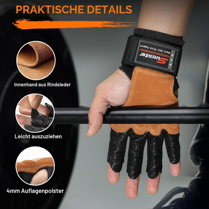 SueStar Workout Gloves, Starke Leder-Polster-Weightlifting-Handschuhe mit Handgelenksupport, vollstä