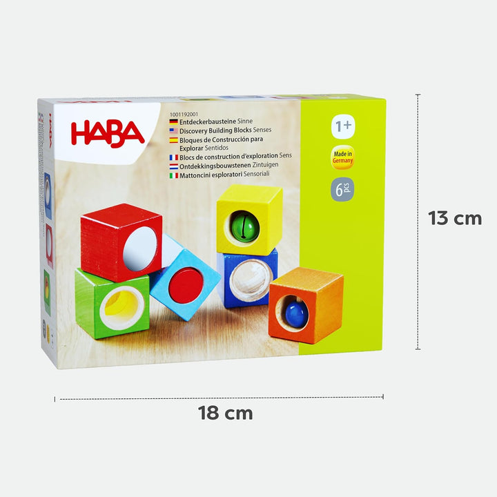 HABA Erkundungssteine – Sinnesbausteine aus Holz ab 1 Jahr – 6 sensorische Bausteine mit Sehen-, Hör