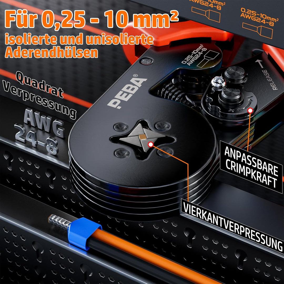 PEBA Crimpzange Aderendhülsen Set, Zange [0,25– 10mm2] mit 24 Stile Aderendhülsen+Abisolierzange, Se