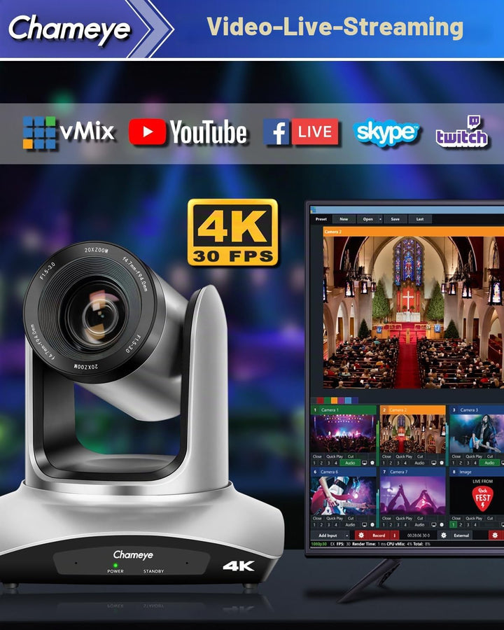 Chameye 4K PTZ Kamera 20x Optischer Zoom mit HDMI, USB3.0 Plug und Play, LAN(PoE) für Videokonferenz