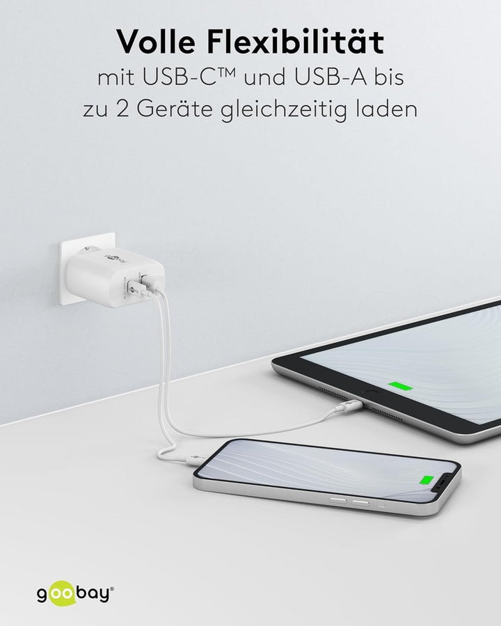 Goobay 65412 Dual Ladegerät 45W / USB-C &amp; USB-A Schnellladegerät Power Delivery/Ladenetzteil mit 2 U