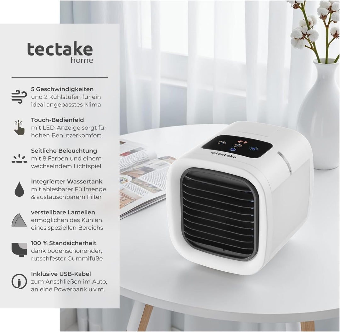 tectake® Luftkühler mit LED, mobile Klimaanlage ohne Abluftschlauch, Ventilator mit Wasserkühlung, K