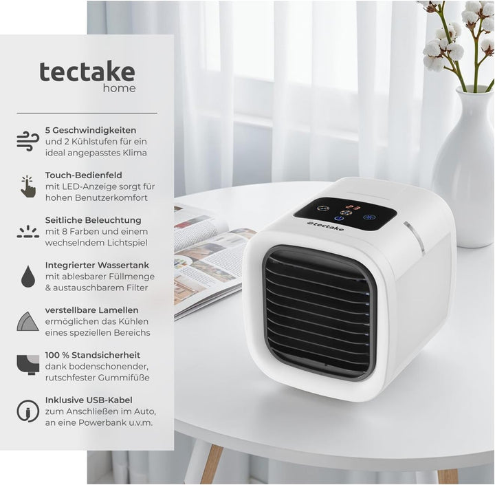 tectake® Luftkühler mit LED, mobile Klimaanlage ohne Abluftschlauch, Ventilator mit Wasserkühlung, K