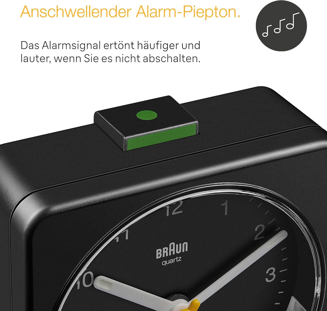 Braun Klassischer analoger Wecker Schlummerfunktion und Licht, ruhiges Quarzuhrwerk, Crescendo-Alarm