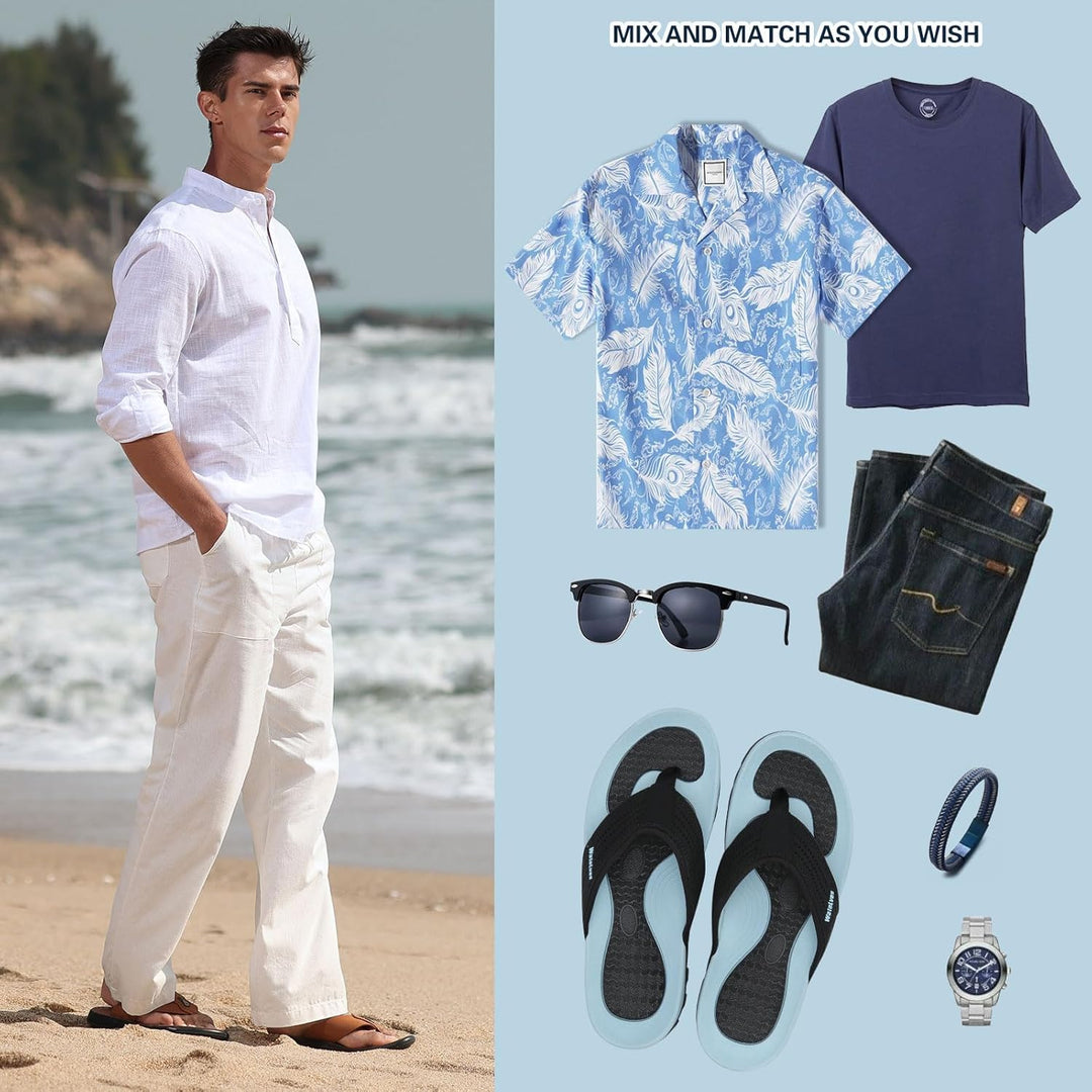 WateLves Herren Flip Flops Zehentrenner Leder mit Arch Support Sandalen Weich Leder Stoff Badelatsch