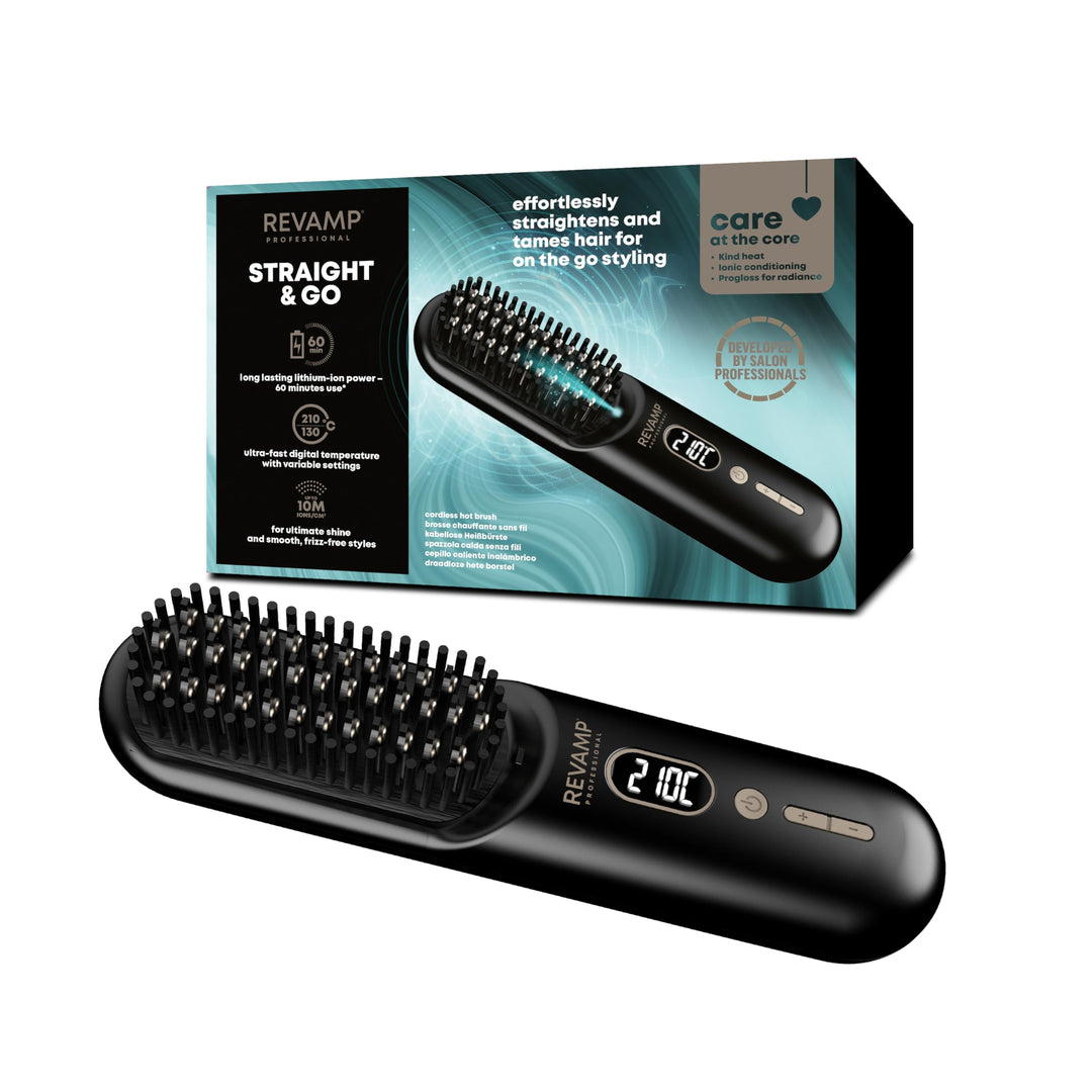 REVAMP Straight & Go Glättbürste kabellos – Mini Haarglätter Bürste mit Ionen & Keramik, USB-C Akku,