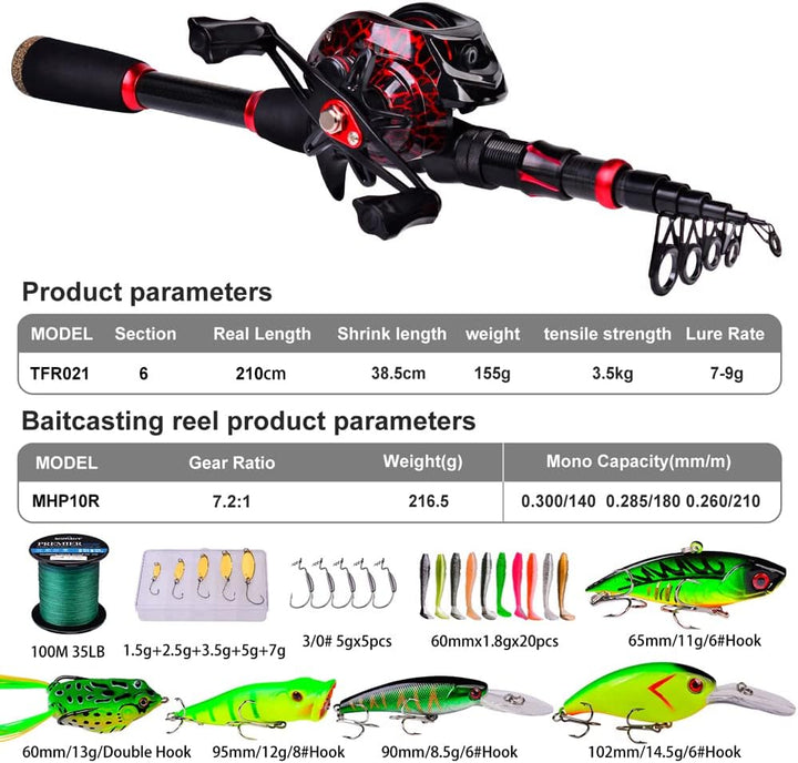 Angelrute und Rolle Combo, 2,1 m Kohlefaser Teleskop Angelrute mit Spinning/Baitcasting Reel Combos,