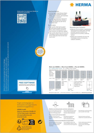 HERMA 4603 Flaschenetiketten, 40 Blatt, 90 x 120 mm, 4 Stück pro A4 Bogen, 160 Aufkleber, selbstkleb