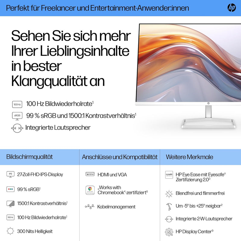 HP Series 5 527sa FHD IPS Monitor mit Lautsprechern | 68,6 cm (27 Zoll) | 100Hz | 1500:1 Kontrast |