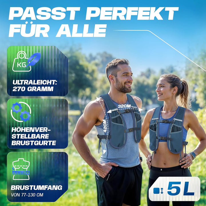 SASMO® Laufweste Damen &amp; Herren 5L / 2L | Running Vest - Ultraleicht &amp; atmungsaktiv| Laufrucksack Da