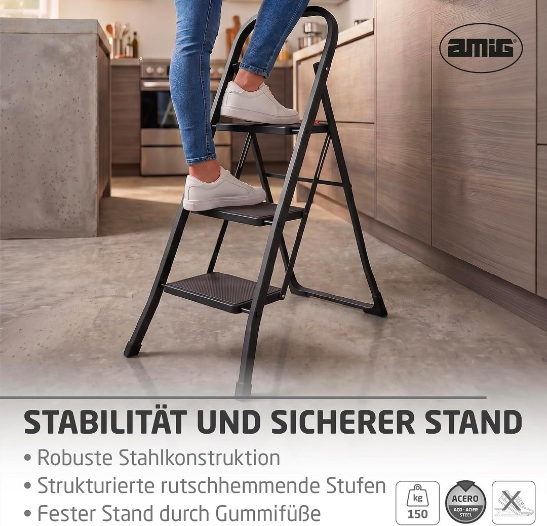 Amig Klappleiter 3 Stufen Schwarz Stahl 106x72x46 cm | Lasche für einfaches Zusammenklappen. Rutschf