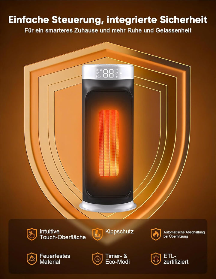 1800W PTC Heizlüfter mit Fernbedienung, Tragbarer Heizstrahler Elektroheizer für Innenräume, Keramik