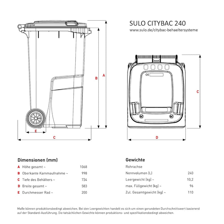 plasteo/SULO CITYBAC 240 Liter Mülltonnen | Graue Tonne Blauer Deckel + Grau Tonne Gelber Deckel | M