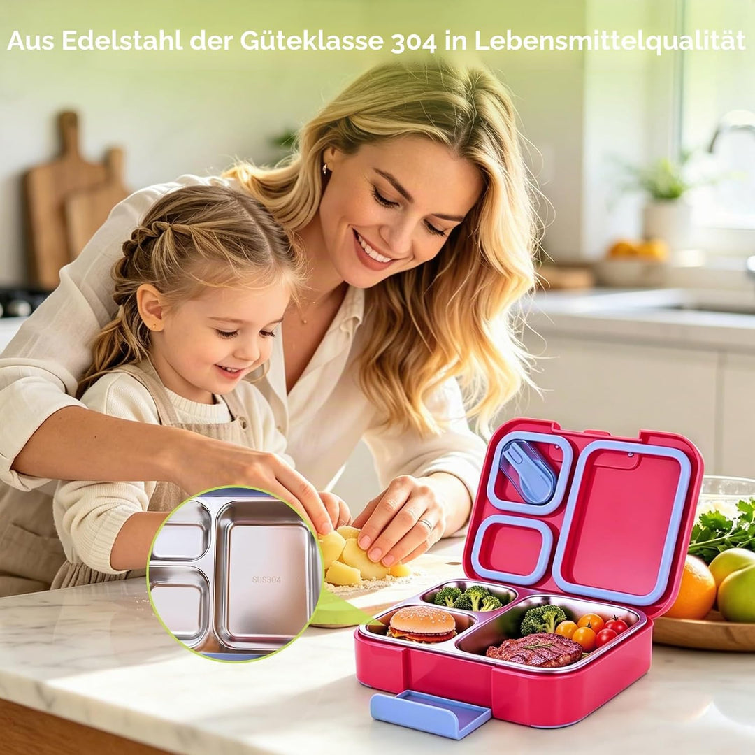 Brotdose Edelstahl-Lunchbox 1100ml 3 Fächern Rosenrot | Für Kinder und Erwachsene, Auslaufsicher, Mi