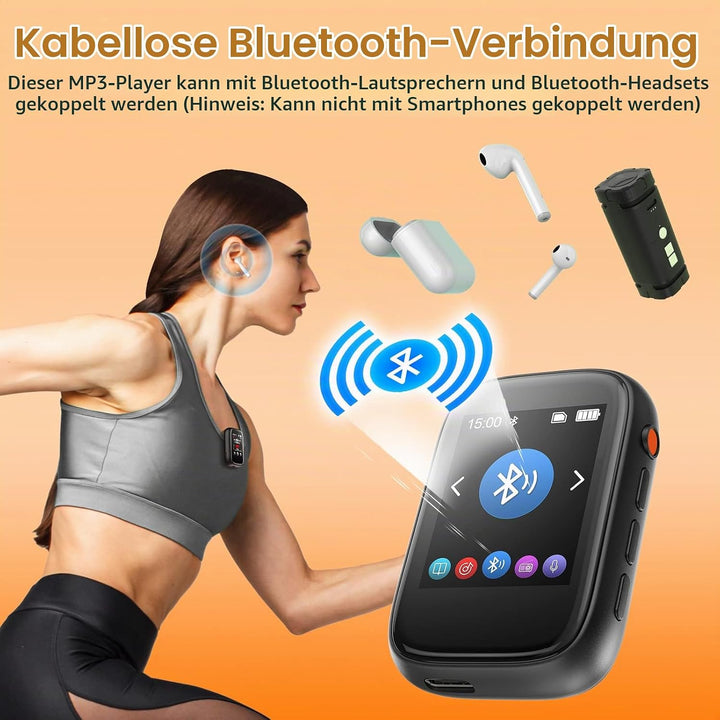 MP3 Player Bluetooth 5.3 mit Clip,Tragbarer Music Player mit Kopfhörer, Lautsprecher, FM-Radio,Sprac