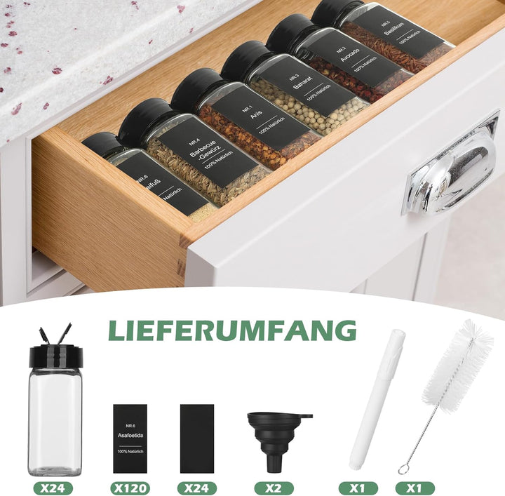 Withosent 24er Gewürzgläser Doppelkopf Schwarz Deckel, 120ml Gewürzdosen Glas Gewürzstreuer mit 144