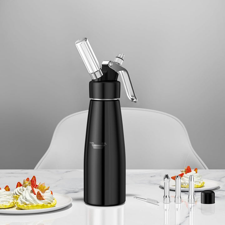 Newaner 500ml sahnespender, Sahnesyphon Aluminium mit 3 Edelstahl Deko-Düsen und 1 Reinigungbürste,