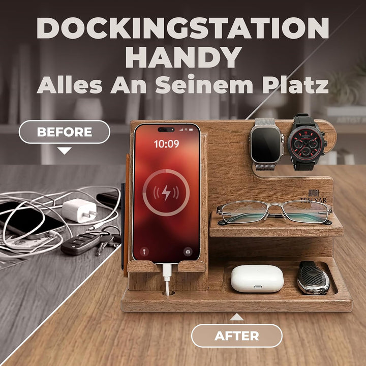 TESLYAR Holz-Telefon-Dockingstation für Männer – Schreibtisch- oder Nachttisch-Organizer – Geburtsta