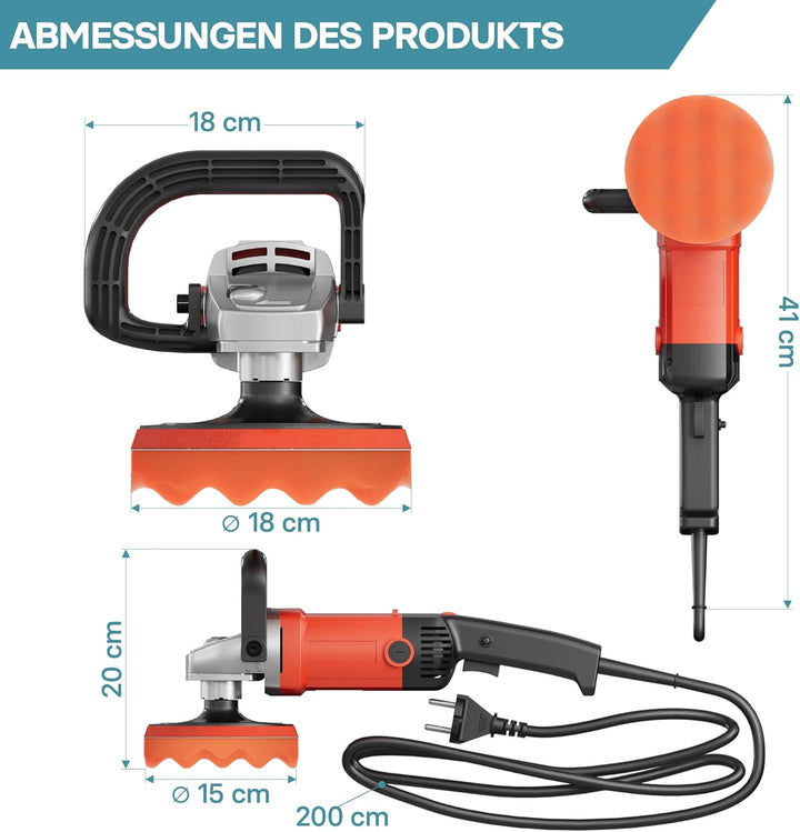 Wiltec Auto Poliermaschine Schleifmaschine 1200W bis 3000 U/min, Poliergerät mit 6 Stufen, mit Tasch
