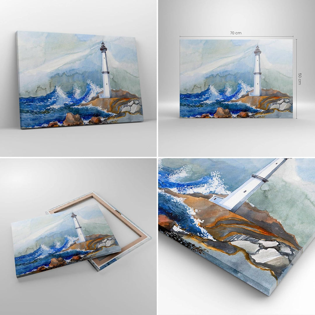 Bilder auf Leinwand Leuchtturm Wasser Illustration Welle Leinwandbild 70x50cm Wandbilder Dekoration