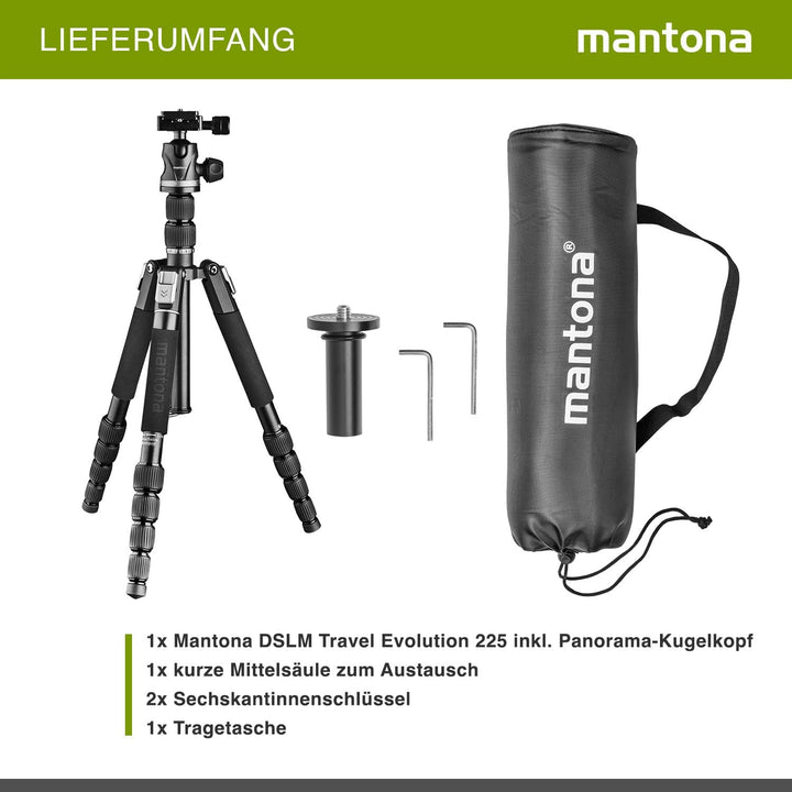 Mantona DSLM Travel Evolution 224 - leichtes Allround Reisestativ mit Vollausstattung, 360° Panorama