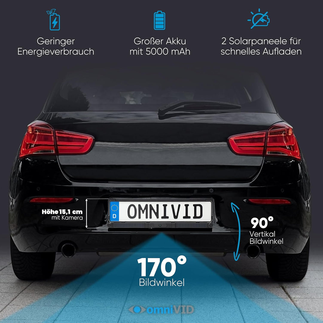 omniVID® Solar6 Premium Solar 5 Zoll Rückfahrkamera-System mit Parksensoren, Kabellos mit 5 Zoll Mon