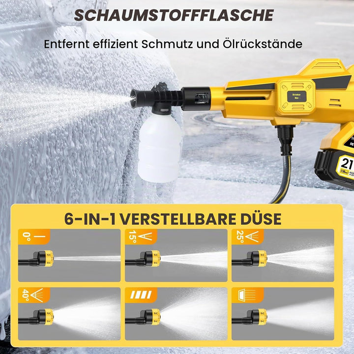 Akku Hochdruckreiniger 65-75 Bar mit LCD &amp; 6-in-1-Düse, 8000mAh | Bürstenloser Motor, LCD-Display, 5