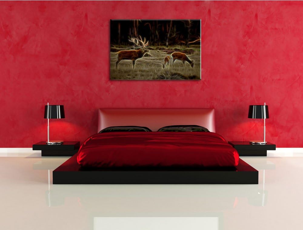Dark Hirschfamilie auf herbstlicher Waldlichtung NewArt Format: 100x70 cm auf Leinwand, XXL riesige