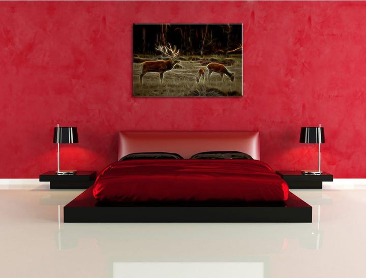 Dark Hirschfamilie auf herbstlicher Waldlichtung NewArt Format: 100x70 cm auf Leinwand, XXL riesige