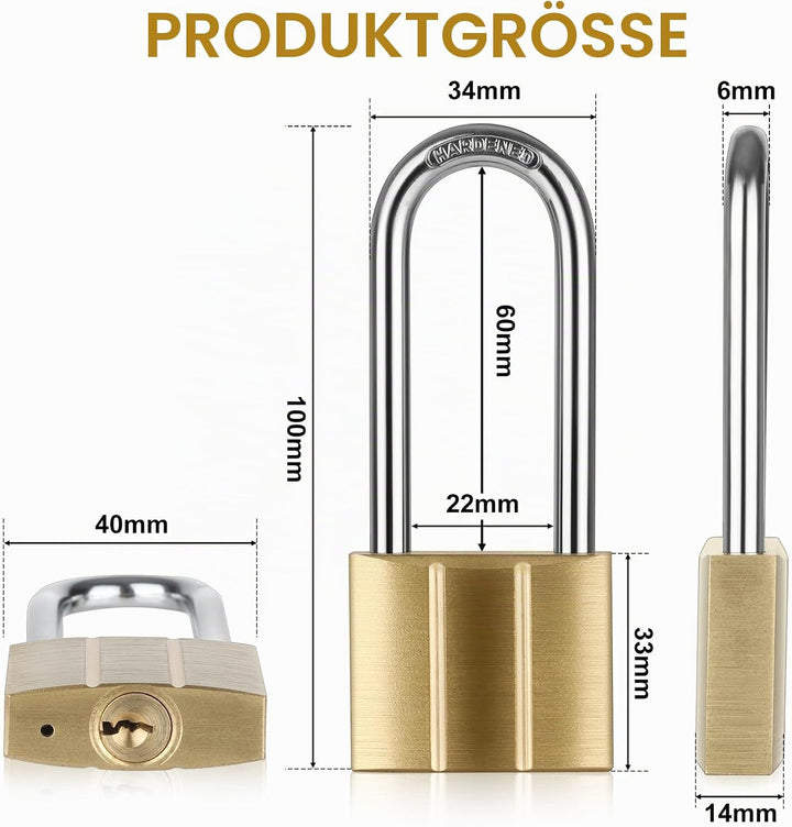 Diyife [2 Stück] Messing Vorhängeschloss mit 6 Schlüssel, 6mm Bügelstärke, Massiver Messing-Schloss,