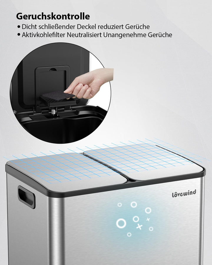 lovewind Mülleimer, 2 x 30L Mülleimer Küche, Doppeleimer für Recycling und Abfall, Silber, Mülleimer
