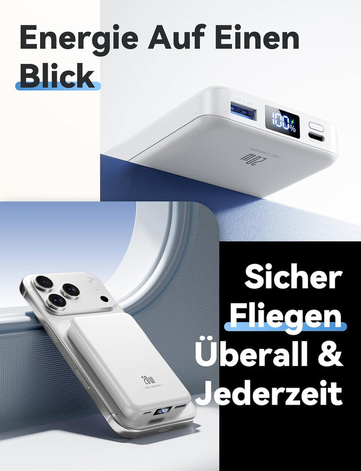 Powerbank für MagSafe,10000mAh Ultra Schnellladen Power Bank für iPhone 17 | Magnetische 20W USB-C E